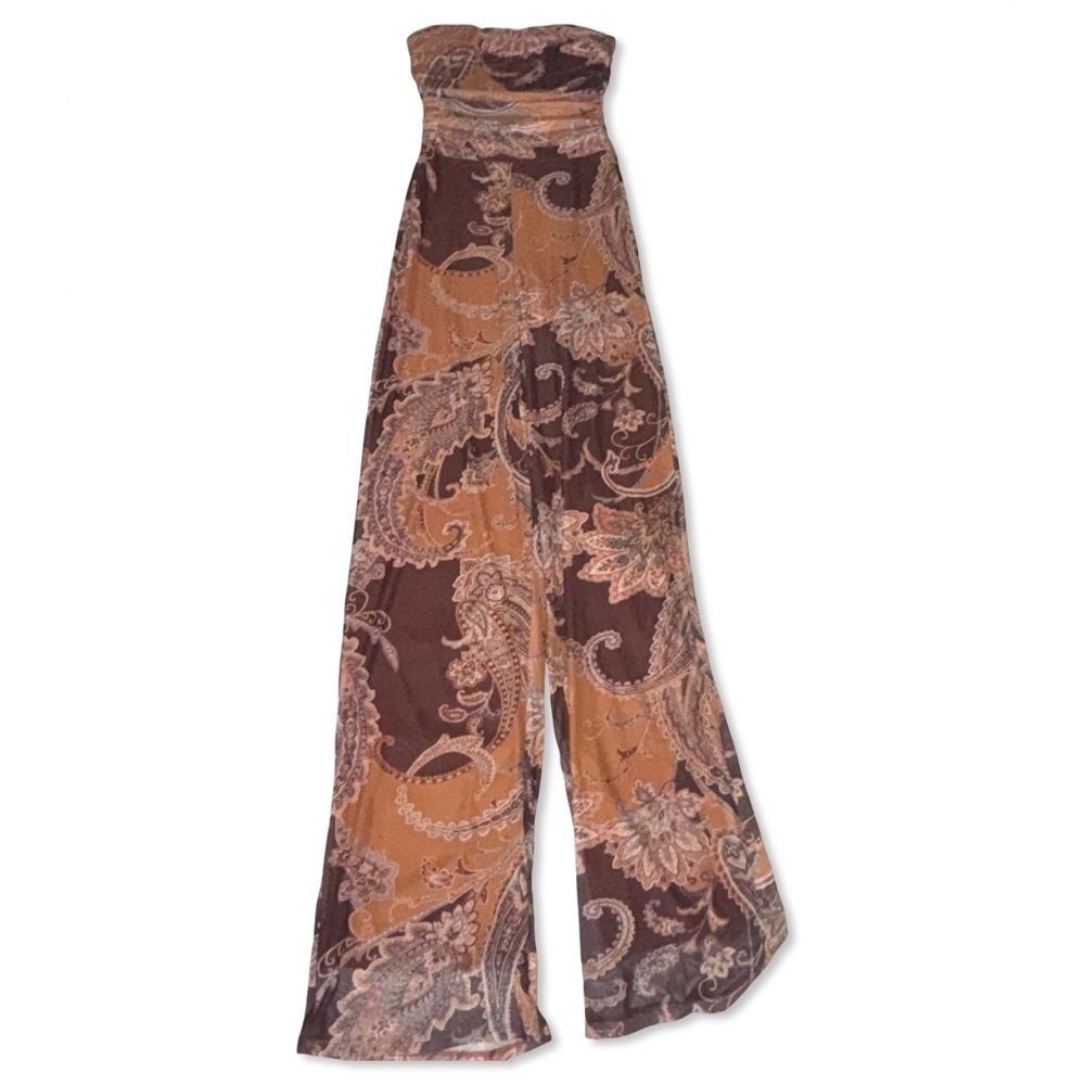 Fashion Nova Paisley Print Strapless Mesh Wide-Leg Jumpsuit Brown Tan | S | NWT